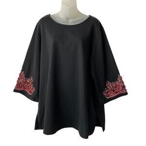Bob Mackie Wearable Art Boho Tunic Top Women 2X Black Red Embroidery Rock Detail